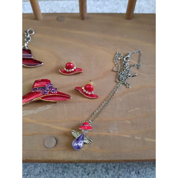 Mixed Lot Red Hat Society Jewelry Necklace Brooch Costume Stud Angel Charms Rhin - Picture 4 of 6